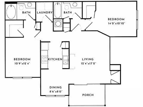 Floor plan for 2 beds, 2 baths, 1150 sqft